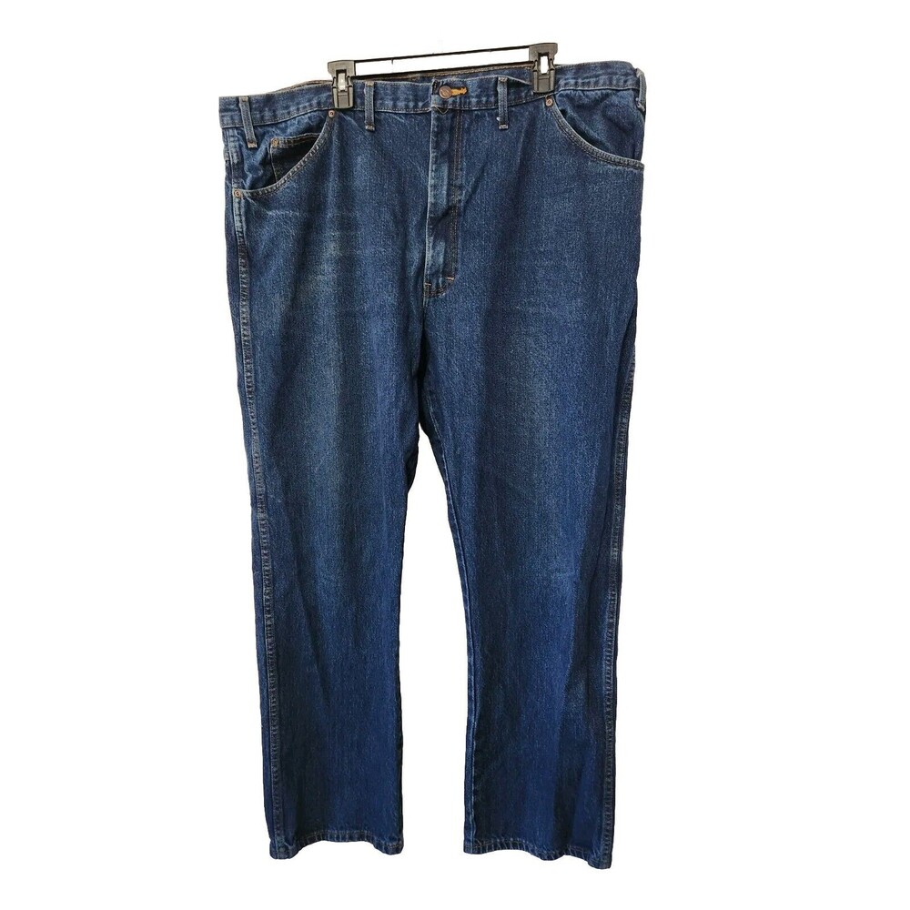 DICKIES Jeans Mens 46x 32 Blue Dark Wash High Rise Bootcut Cuffs Frayed